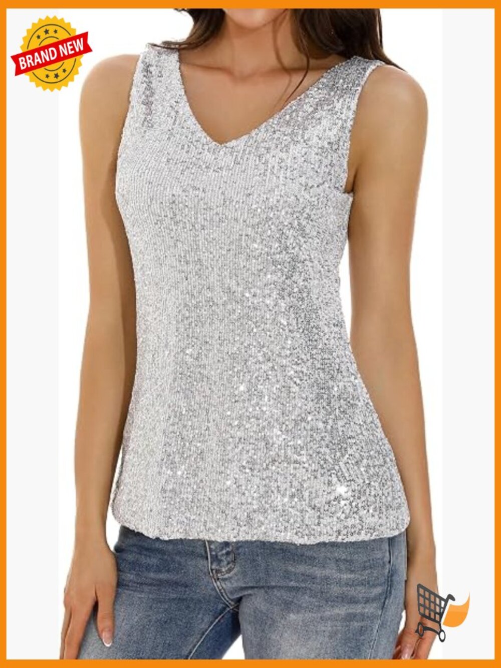 Sequin V-Neck Sleeveless Tank Top Sparkly Dressy Blouse Loose Fit Party Club